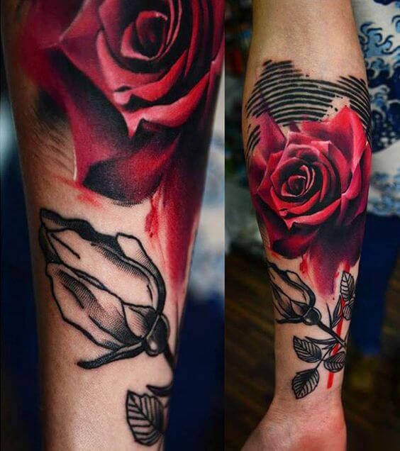 black and red rose bleeding drops of blood tattoo design on forearm