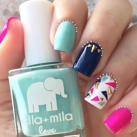 tropical blue, green, white and pink matte nails for summer
