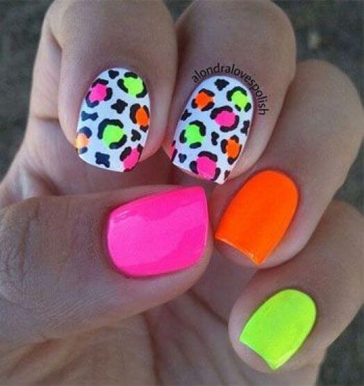 neon pink, orange and yellow cheetah summer nail art