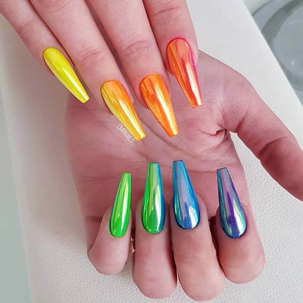 rainbow chrome acrylic coffin nails for summer