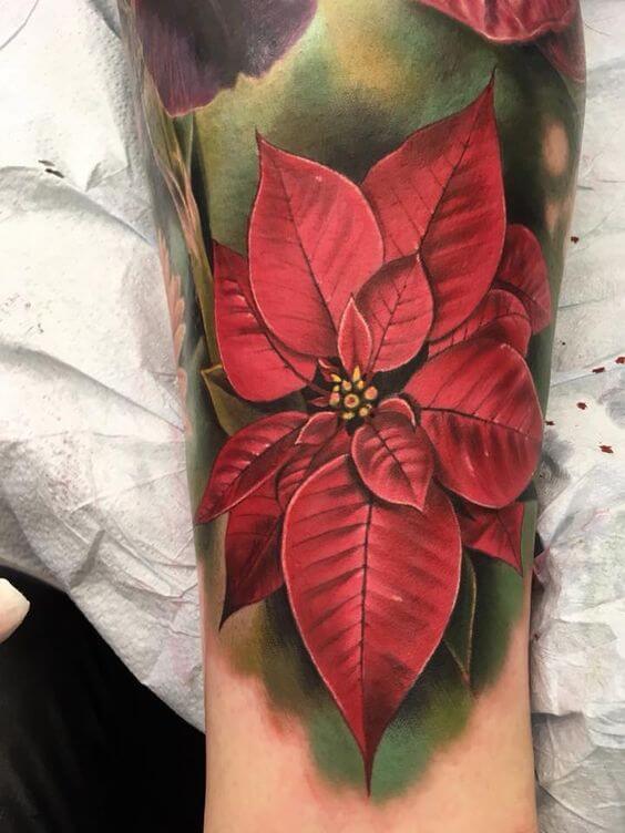 detailed december birth flower with leaves tattoo design