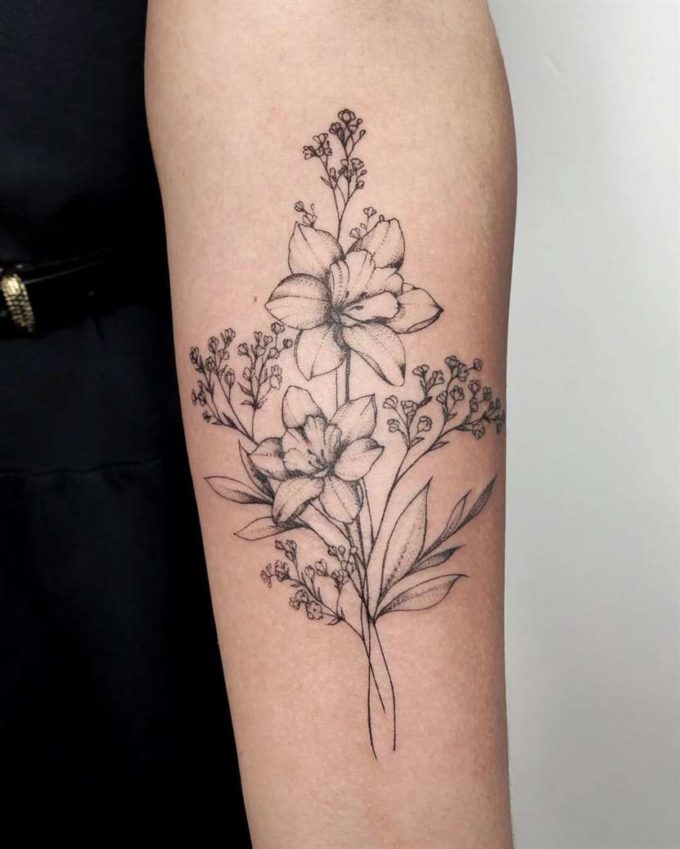 dotwork narcissus december birth flowers bouquet tattoo on forearm