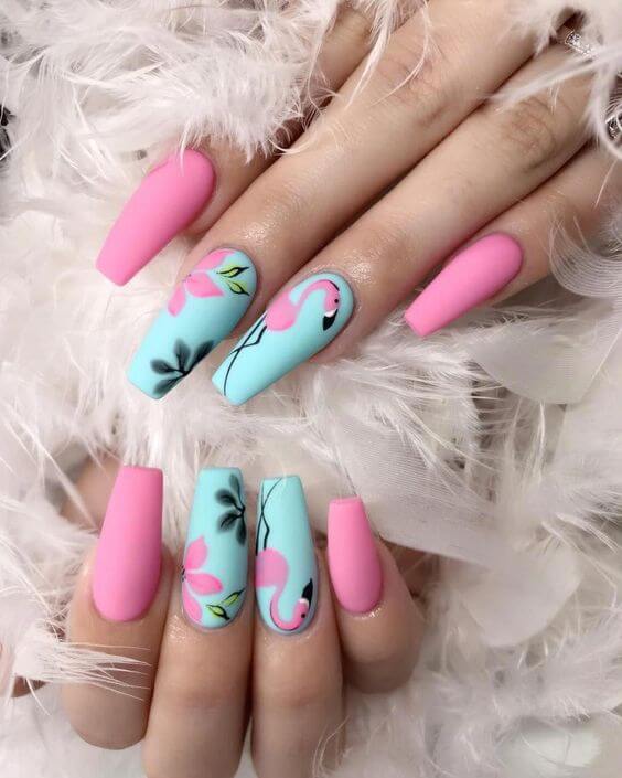 pink flamingos and blue acrylic summer nails design