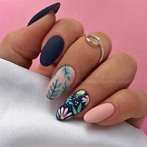 dark blue and pink matte floral summer nails
