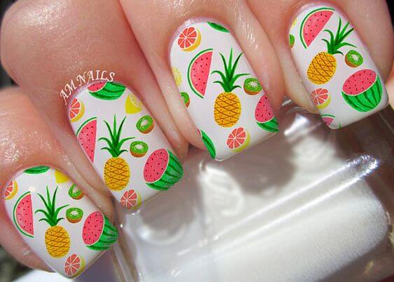 fruity watermelon, kiwi and pineapple stickers summer nails designs
