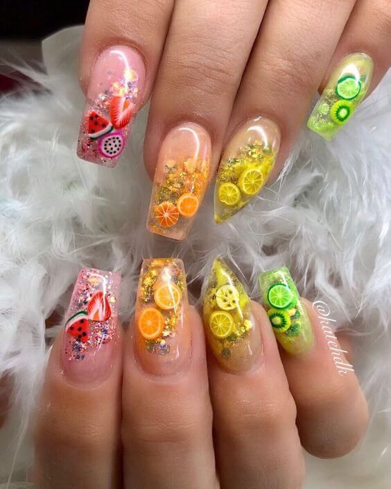 sparkly jelly fruit summer acrylic nails