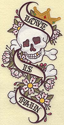 love is pain with a crowned skull and bones tattoo sketch