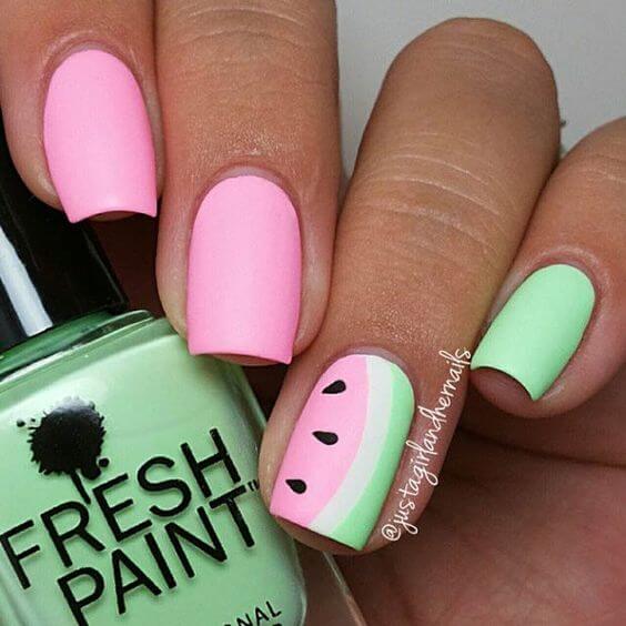 matte pink and green watermelon summer nails