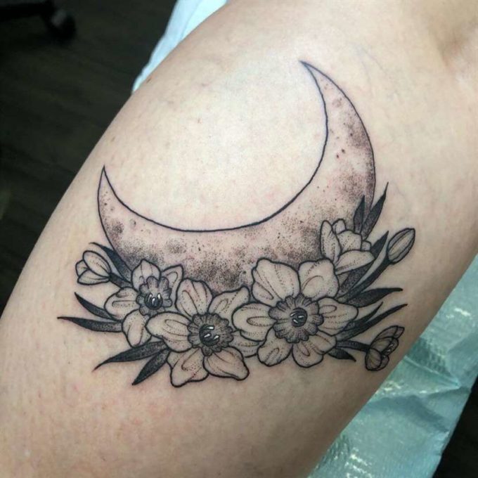 moon phase with december birth flowers narcissus tattoo design