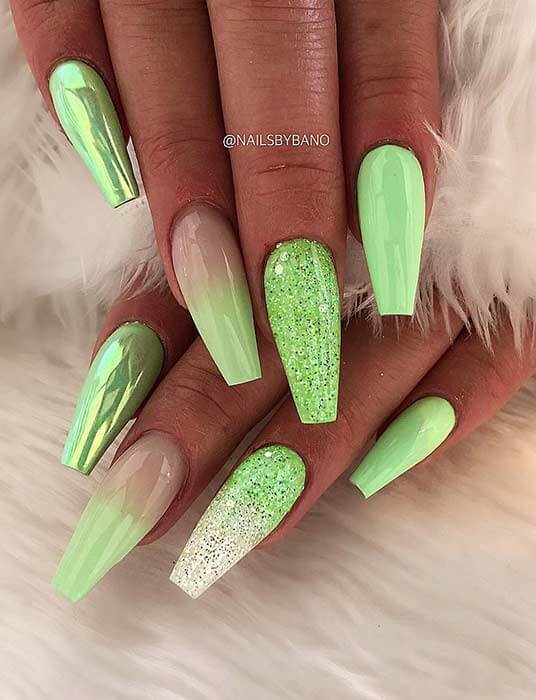 bright green metallic and glittery summer nails