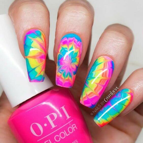 neon marble tie and dye inspired summer nails