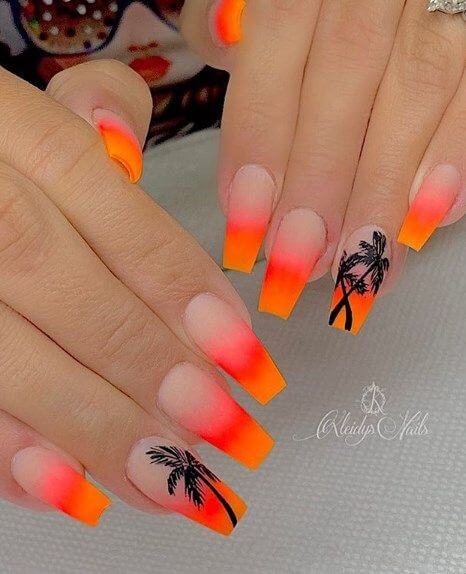 orange punch with black palm trees stickers acrylic coffin summer nails