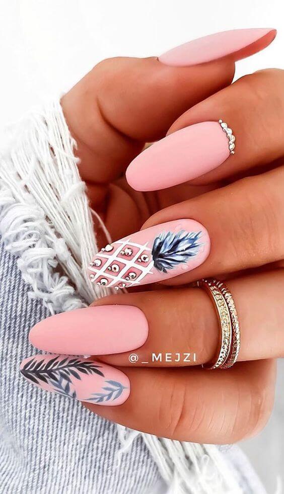 pink with white pineapple matte summer nails design