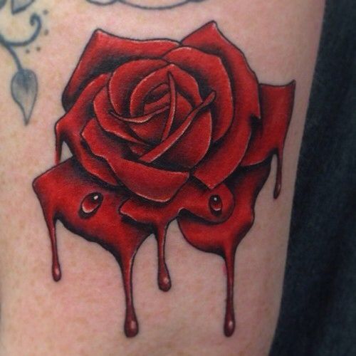 dew drops on red bleeding rose tattoo design