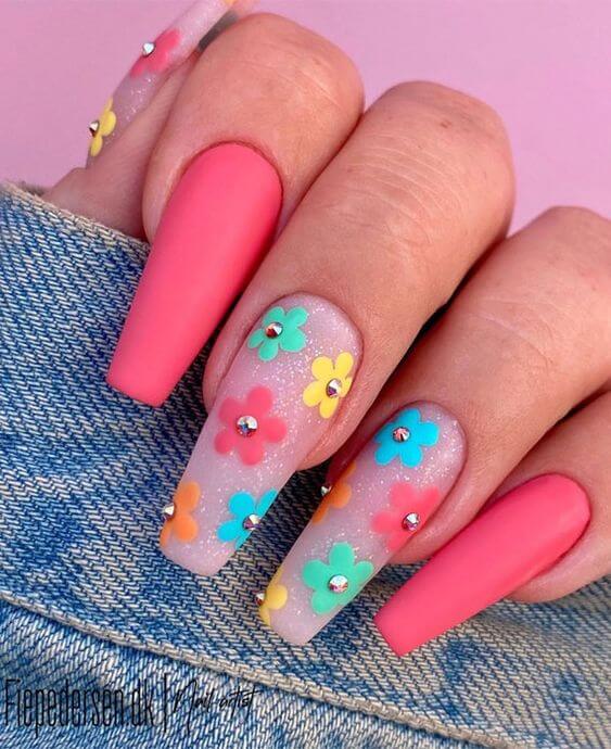 pretty small flowers acrylic coffin summer nails design