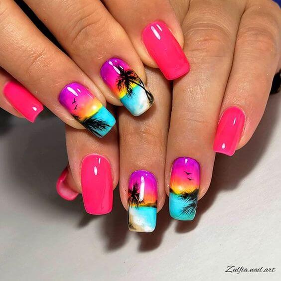 bright pink tropical beach summer nails