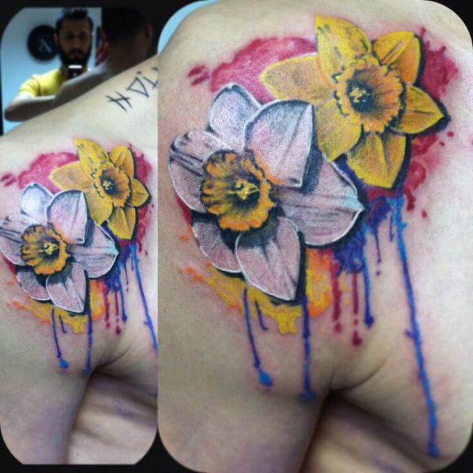 splash of watercolors december birth flower narcissus tattoos on back shoulder