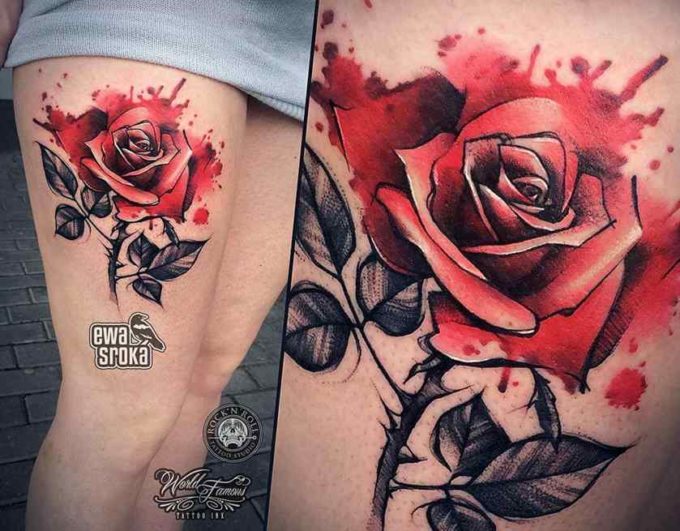 watercolor bursting with blood red rose tattoo design on thigh