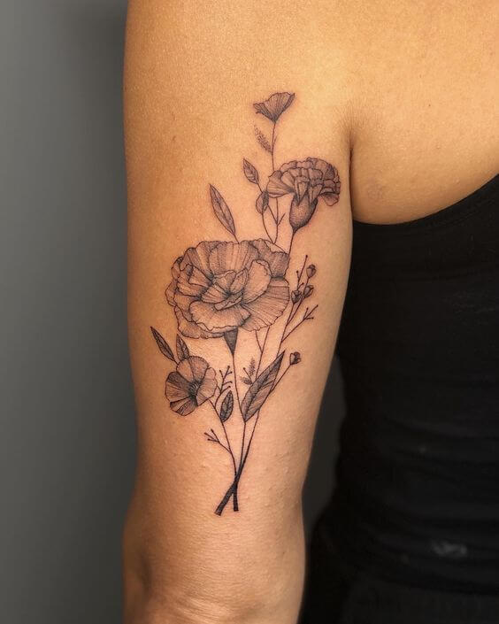 black and grey carnation January birth flowers tattoo design on back arm