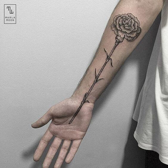 black and grey carnation January birth flower tattoo on front arm