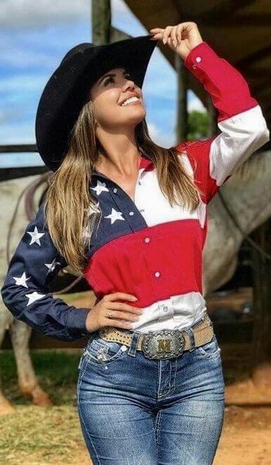 USA shirt with jeans and black hat cowgirl outfit idea