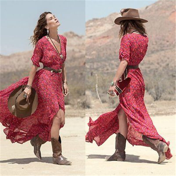 red belted dress with hat and boots cowgirl outfit idea