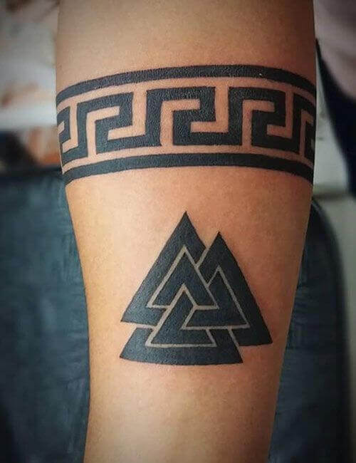 greek triangles and intriguing pattern black band tattoo design on arm
