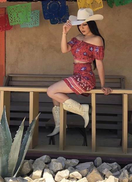 printed off shoulder crop top with skirt-hat and boots cowgirl outfit idea