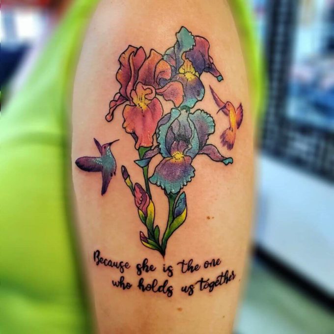 colorful iris flowers with hummingbirds and love quote tattoo design