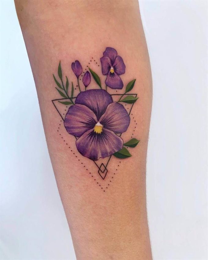 geometric purple violet flowers tattoo design on forearm