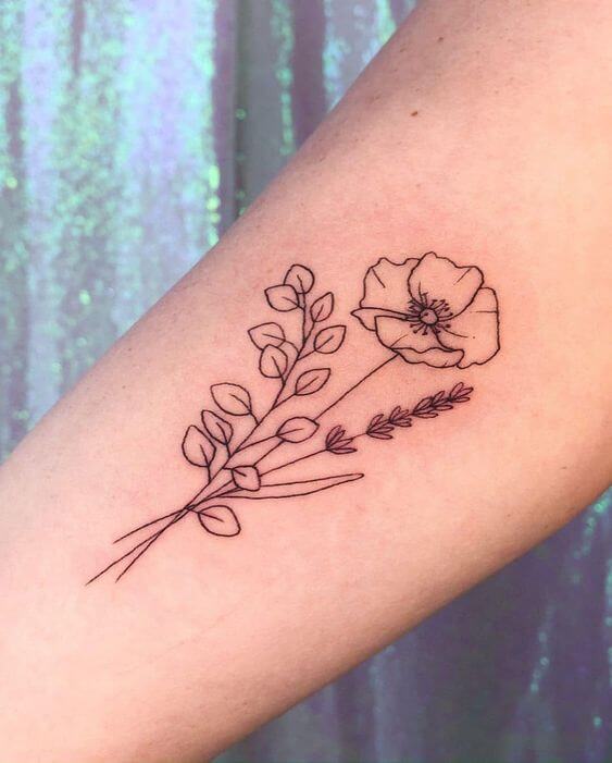 poppy august birth flower outline tattoo on forearm 