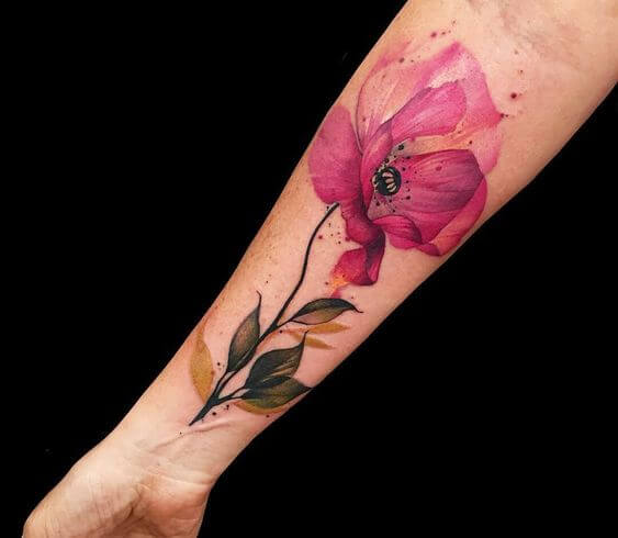 watercolor 3d august flower poppy tattoo design on forearm for females