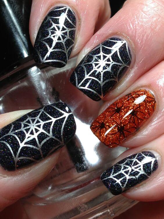 glossy glitter black spider web nail art designs