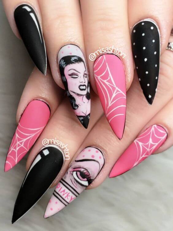 scary witch with spider web matte nail designs