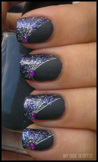 black matte glittery spider web nail art designs