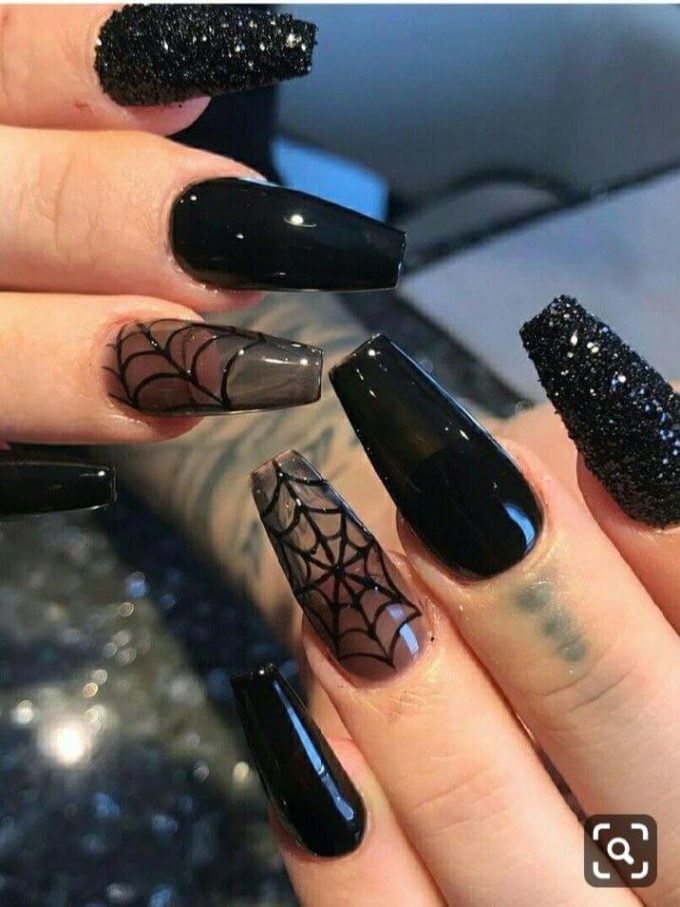 black transparent spider web nail art designs