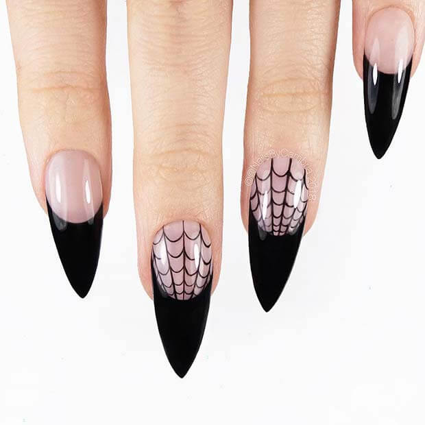 pointy black spider web nail art designs