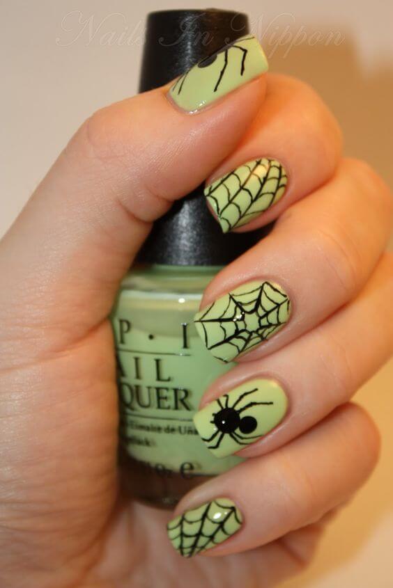 light green with spider web nail art designs