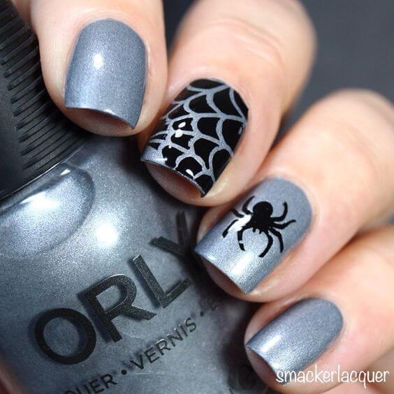 silver-grey with black spider web nail designs