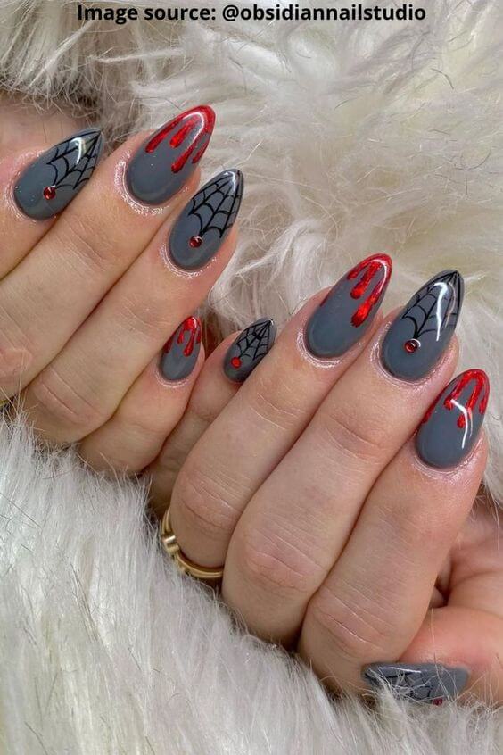 glossy grey spider web coffin nail art designs