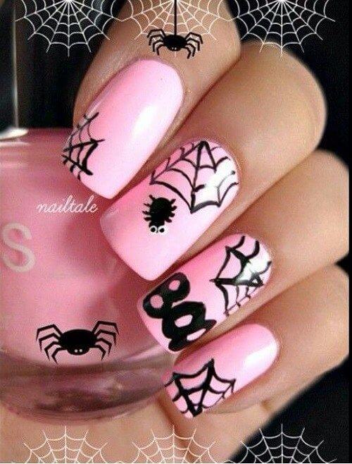cute pink spider web coffin nails for halloween