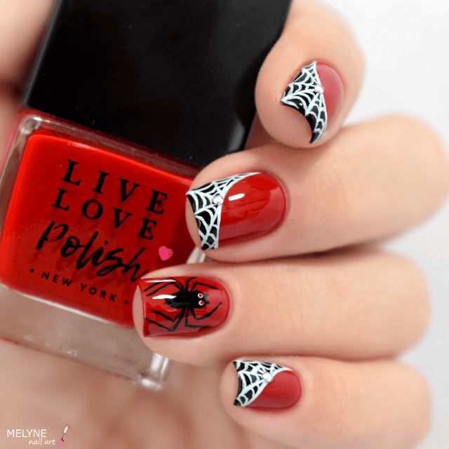 red and black with white spider web nail art designs