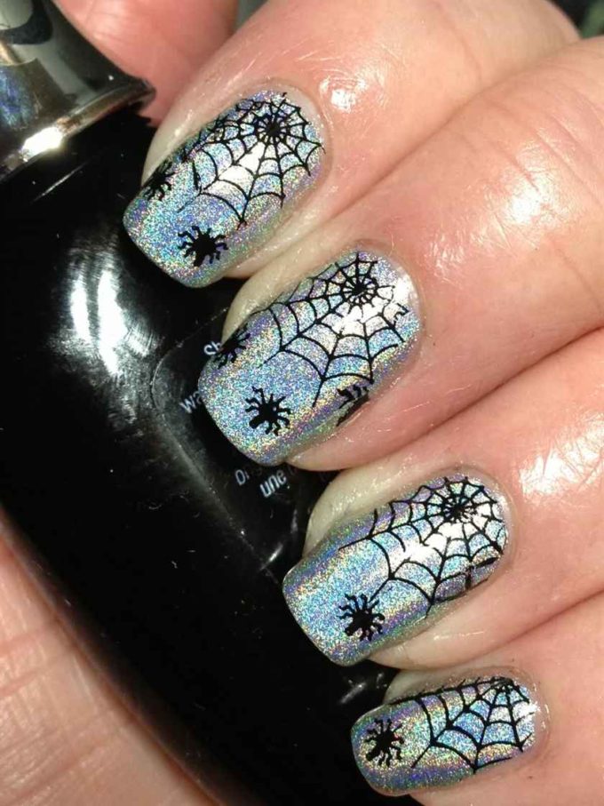 glittery silver with black spider web nail art designs