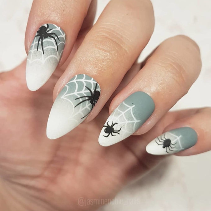grey gradient spider web coffin nail designs