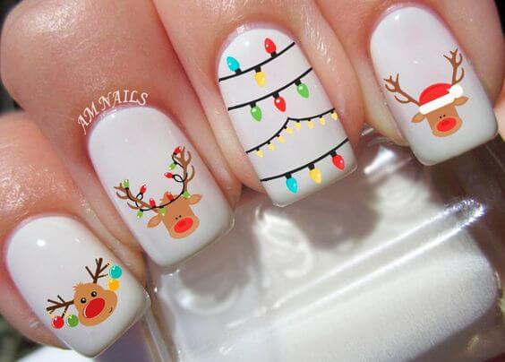 white christmas rudolph and lights nail art design