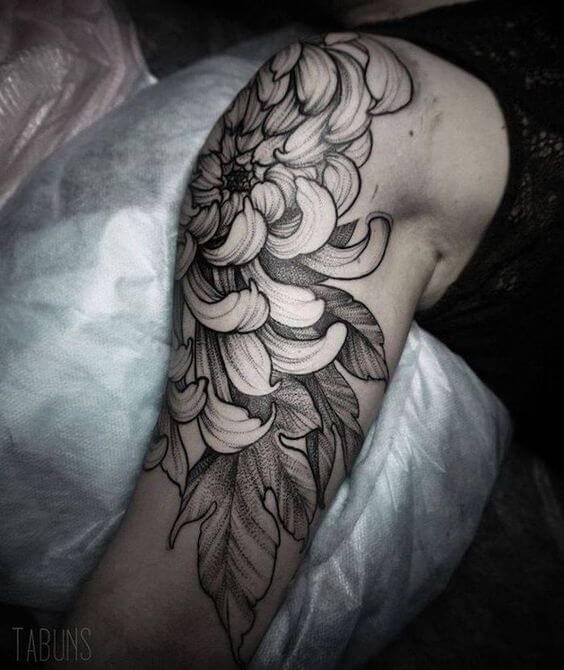 chrysanthemum flower birth tattoo design on shoulder arm for men
