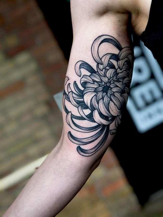 chrysanthemum november birth flower tattoo design on upper arm for guys 