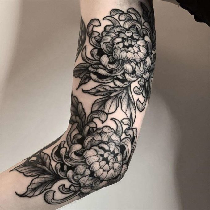 double chrysanthemum birth flower tattoo on inner arm for men
