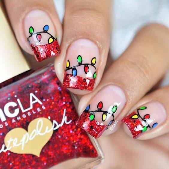 red gel glittery french tips christmas lights nail art designs