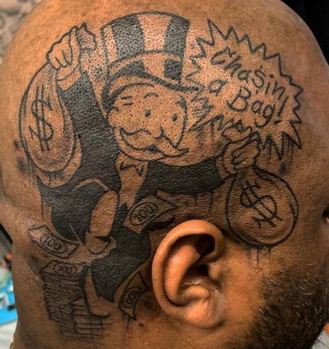 rich monopoly man tattoo design on head for men